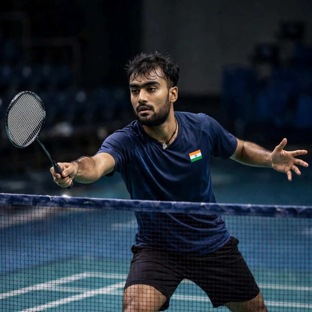 Bharat Raghav playing a tight net shot, racket in his right hand (AI-generated) Bharat Raghav playing a tight net shot, racket in his right hand (AI-generated)