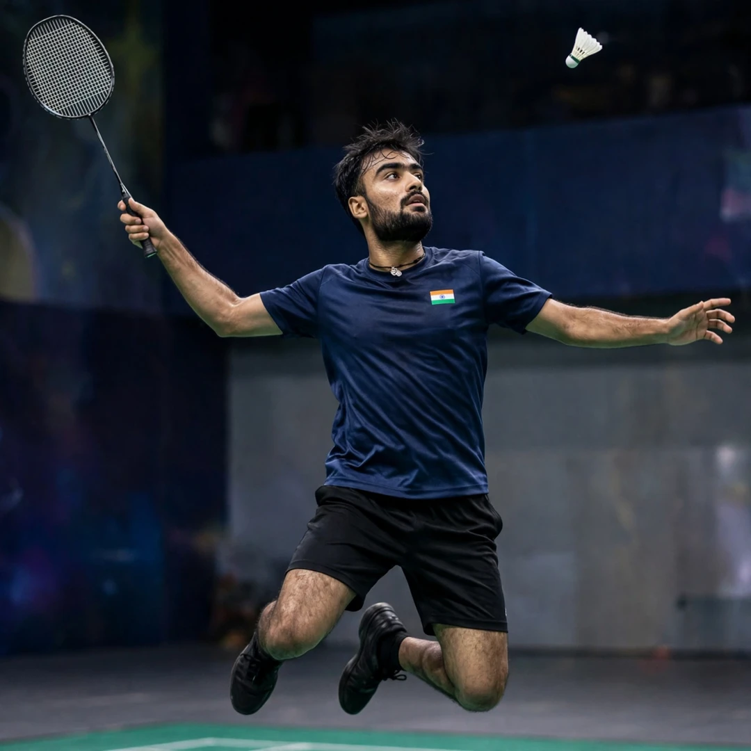 Bharat Raghav preparing a jump smash, racket in his right hand (AI-generated) Bharat Raghav preparing a jump smash, racket in his right hand (AI-generated)