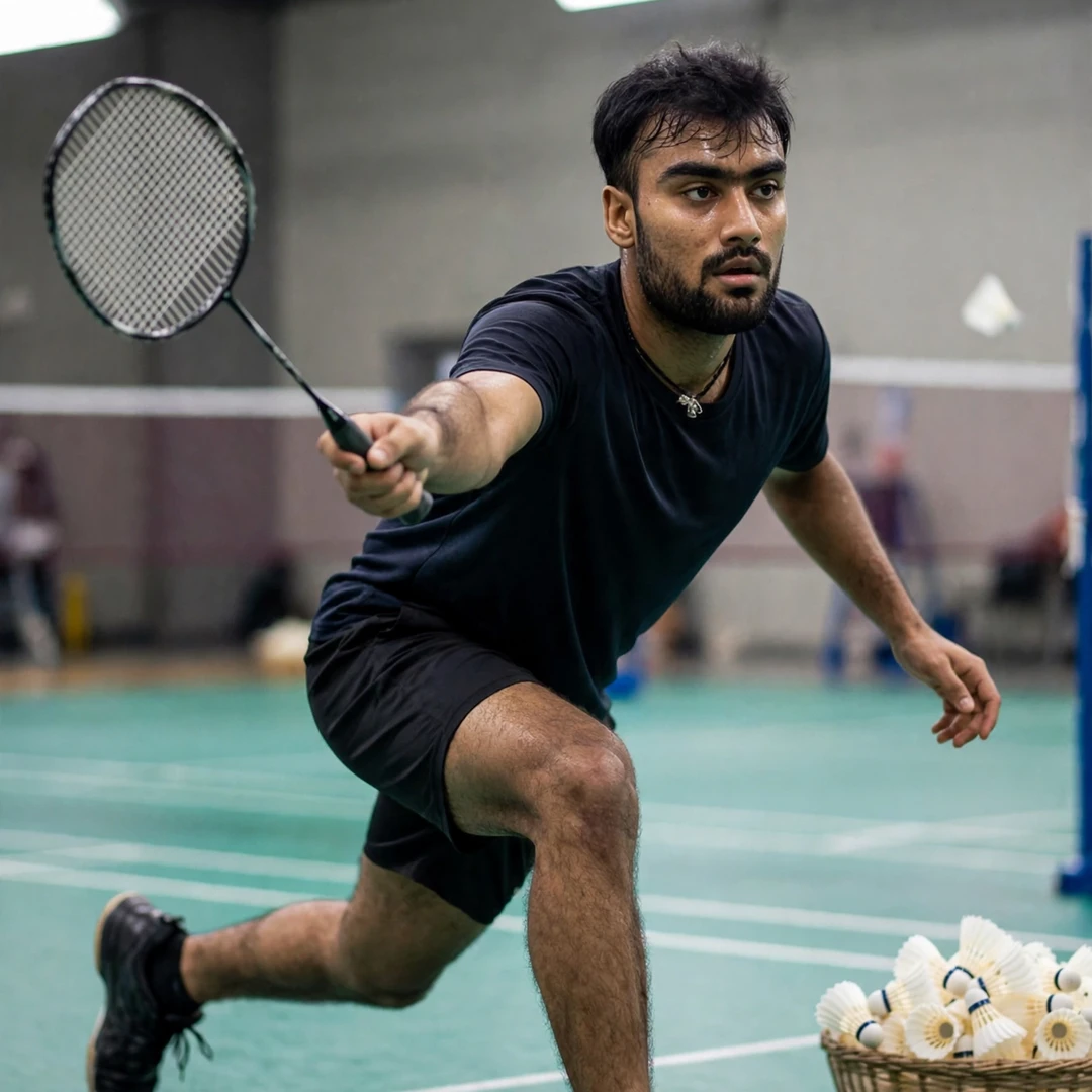 Bharat Raghav in a multi-shuttle training drill at the Prakash Padukone Academy in Bengaluru (AI-generated) Bharat Raghav in a multi-shuttle training drill at the Prakash Padukone Academy in Bengaluru (AI-generated)