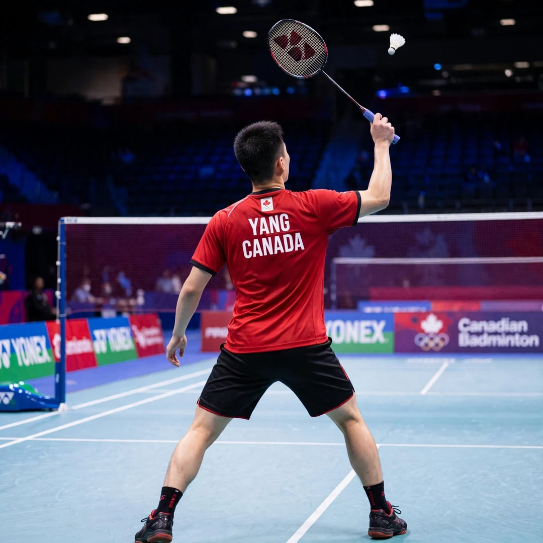Brian Yang overhead clear Brian Yang playing an overhead clear from the rear court (AI-generated)