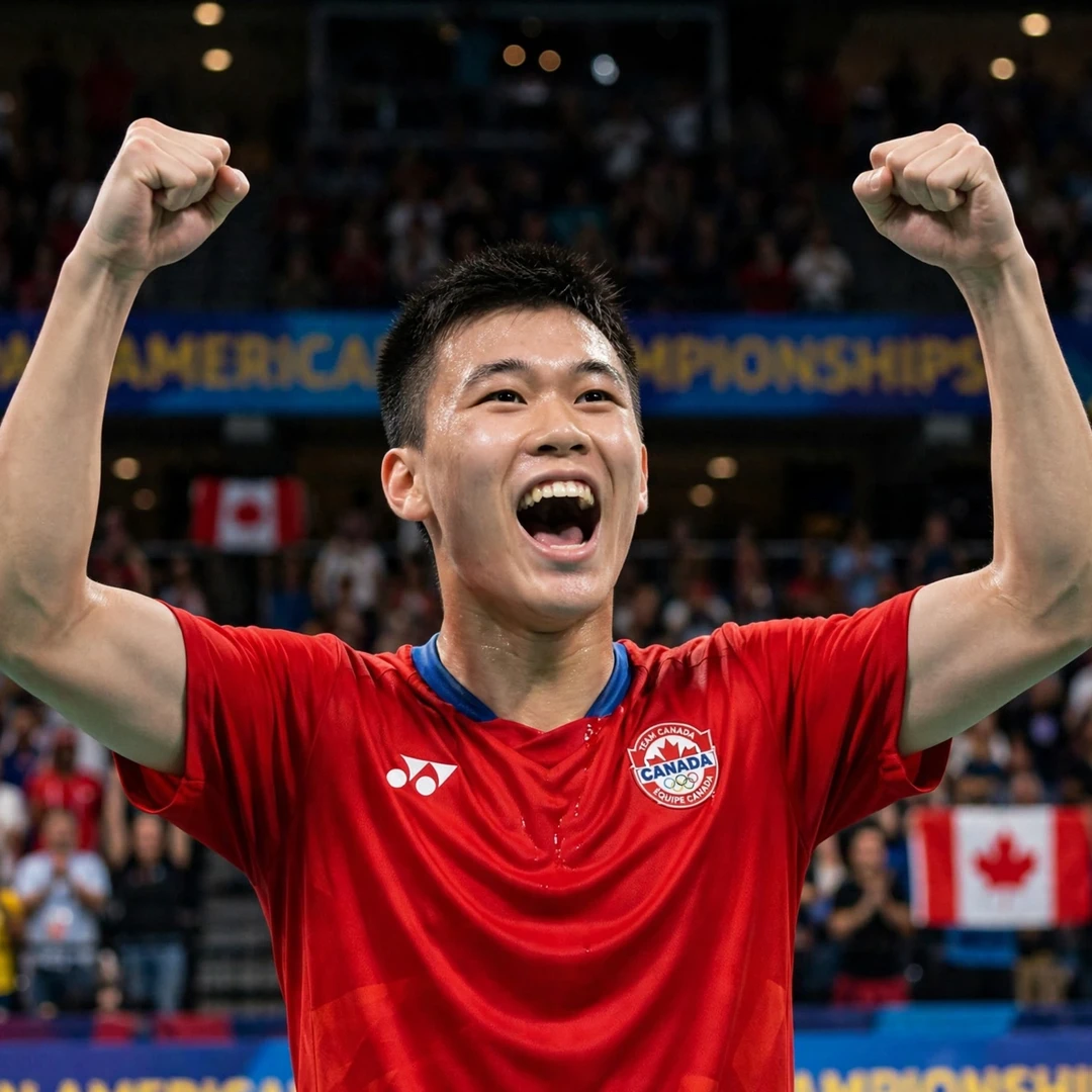 Brian Yang Kingston celebration Brian Yang celebrating his Pan American Championships title in Kingston (AI-generated)