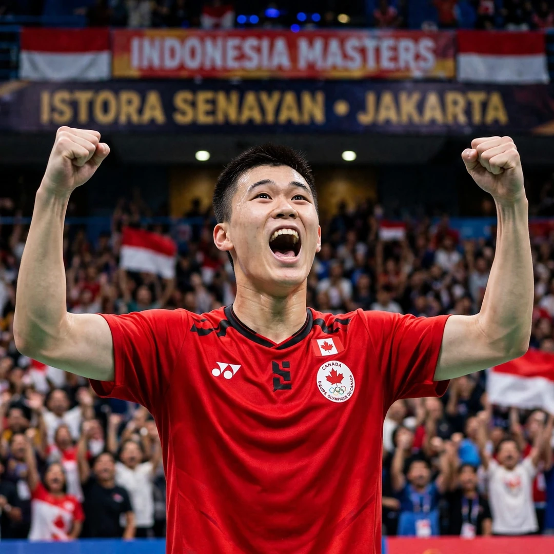 Brian Yang Indonesia Masters celebration Brian Yang celebrating at the 2024 Indonesia Masters in Jakarta (AI-generated)
