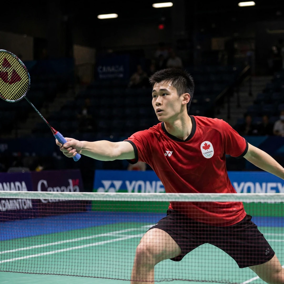 Brian Yang net play Brian Yang playing a shot at the net (AI-generated)