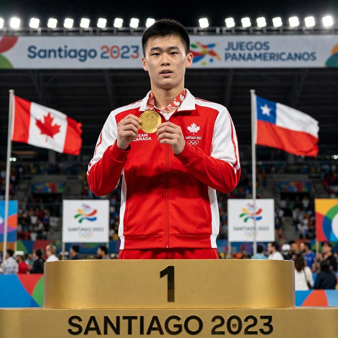 Brian Yang Pan American Games gold Brian Yang holding his Santiago 2023 Pan American Games gold medal (AI-generated)