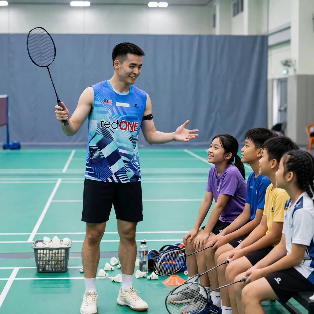 Cheam June Wei coaching juniors at a clinic Cheam June Wei demonstrating a forehand grip to junior players at a clinic (AI-generated)