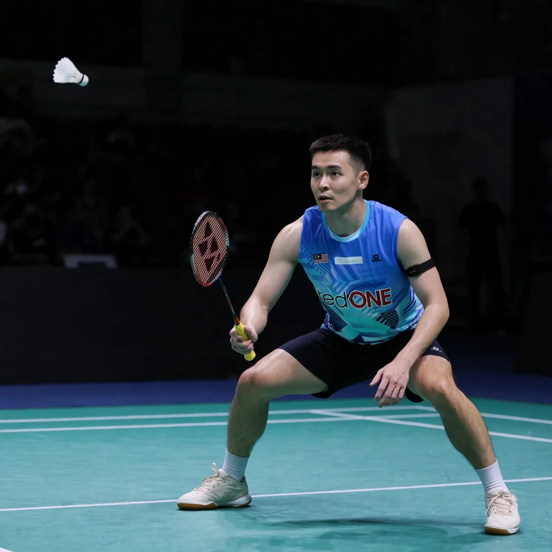 Cheam June Wei defensive stance Cheam June Wei in a low defensive stance (AI-generated)