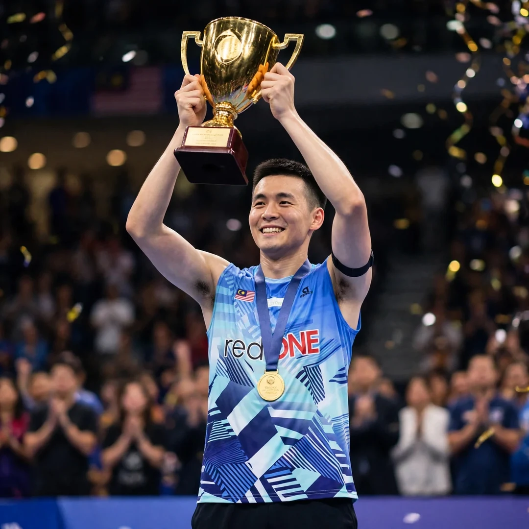 Cheam June Wei lifting a trophy Cheam June Wei lifting a trophy after one of his five Lin Dan Cup titles (AI-generated)
