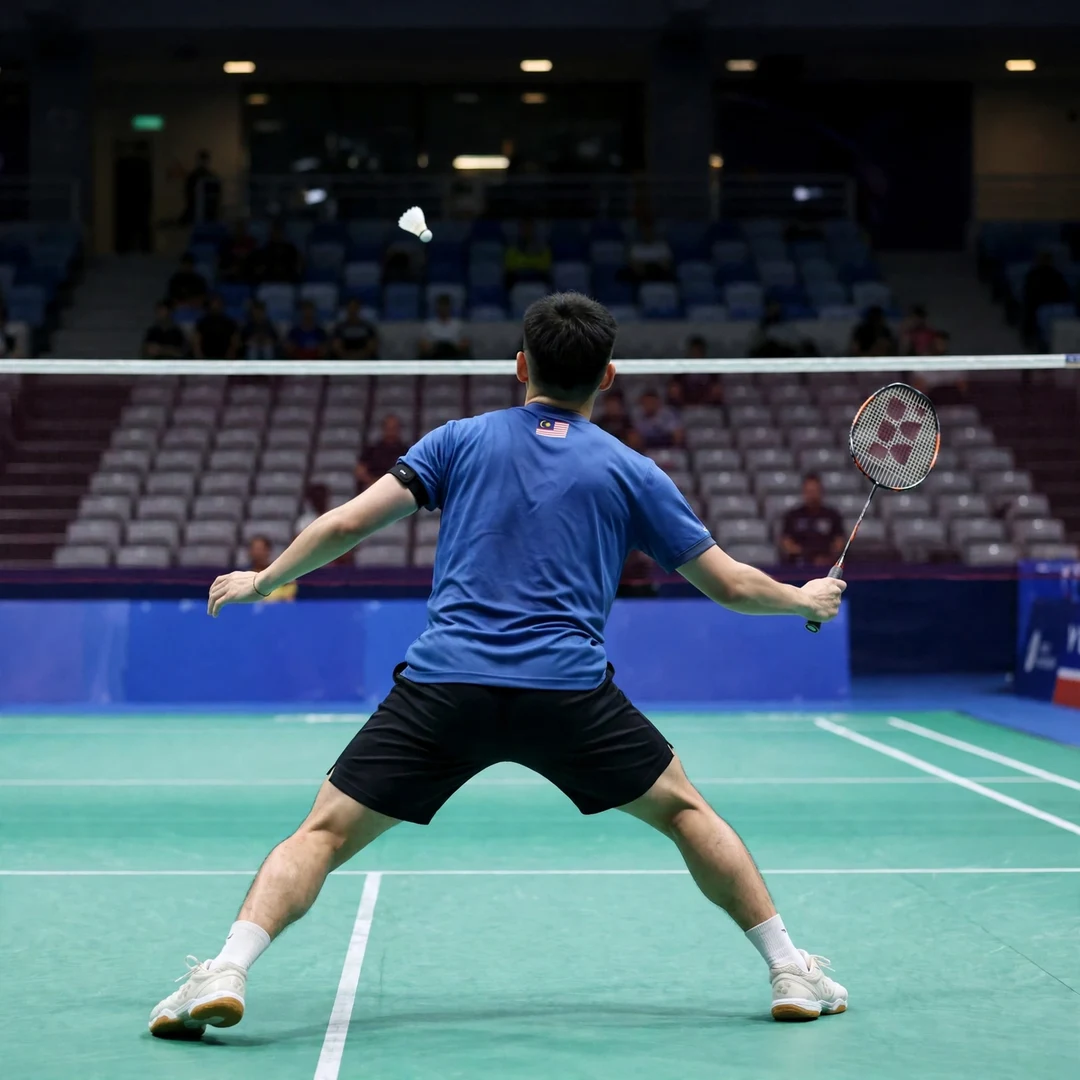 Cheam June Wei rear-court drive from behind Cheam June Wei playing a rear-court drive, seen from behind (AI-generated)