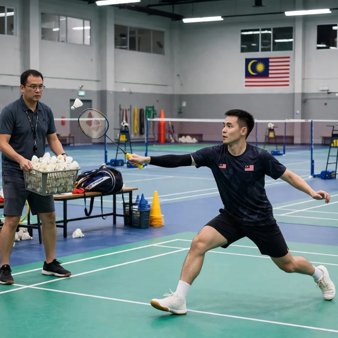 Cheam June Wei multi-shuttle training drill Cheam June Wei in a multi-shuttle training drill in a Malaysian hall (AI-generated)