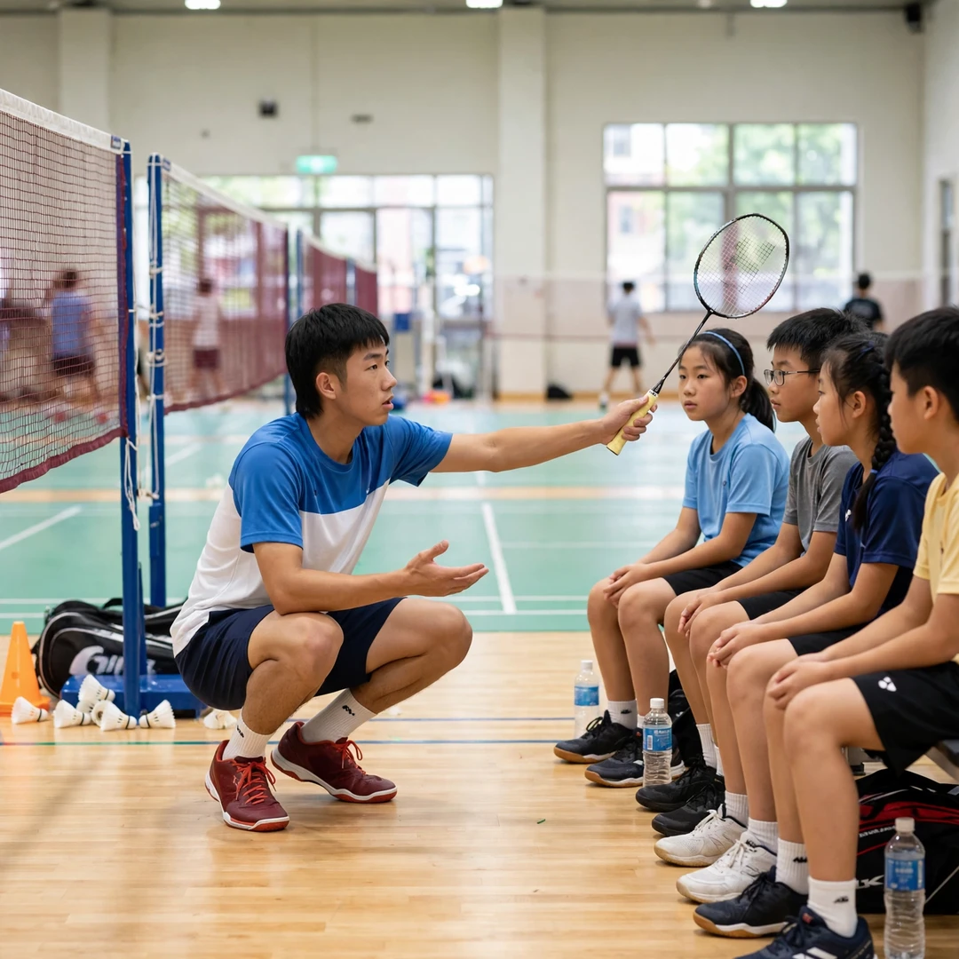 Cheng Ju-Sheng demonstrating a net shot to junior players at a badminton clinic (AI-generated) Cheng Ju-Sheng demonstrating a net shot to junior players at a badminton clinic (AI-generated)