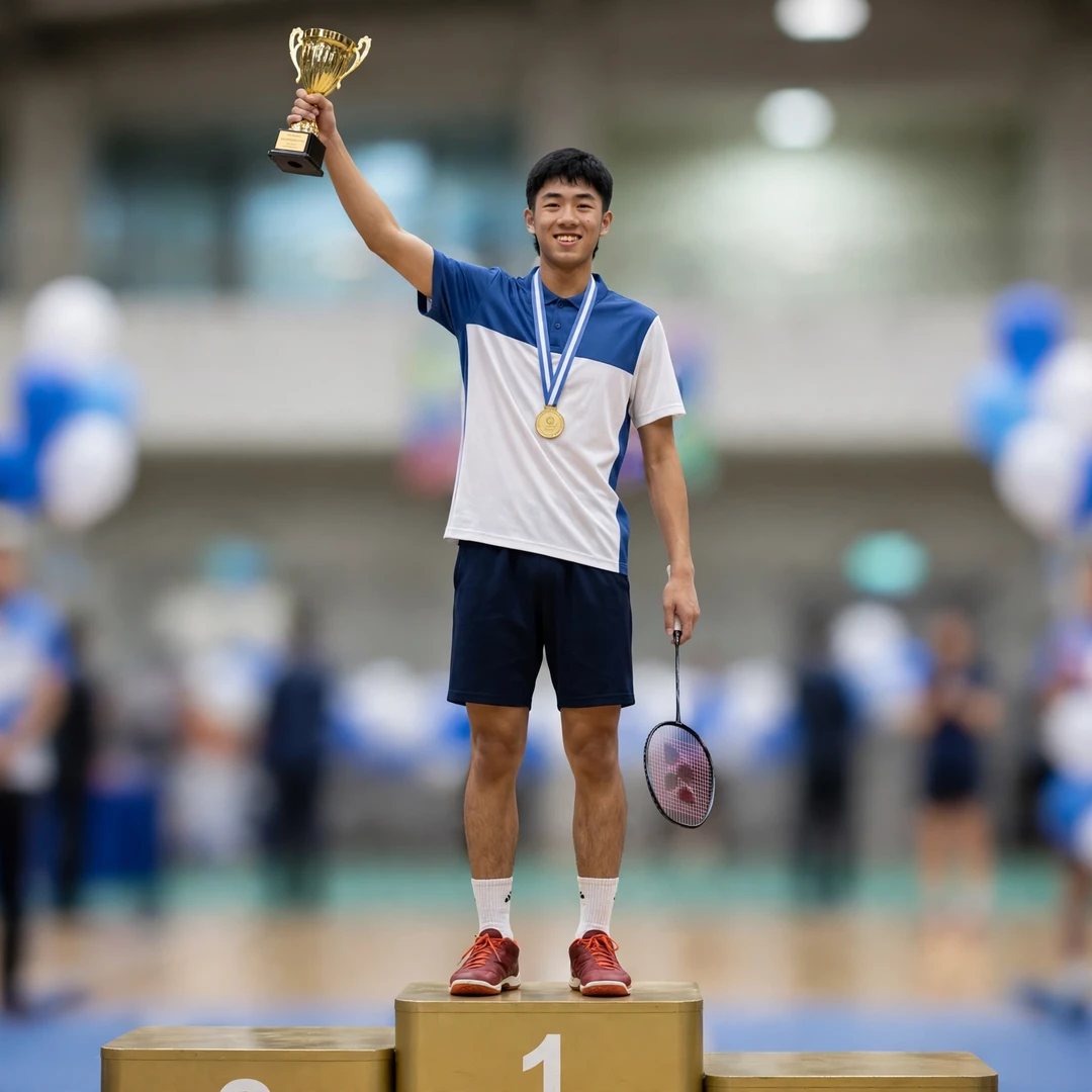 Cheng Ju-Sheng on the podium with a trophy and gold medal (AI-generated) Cheng Ju-Sheng on the podium with a trophy and gold medal (AI-generated)
