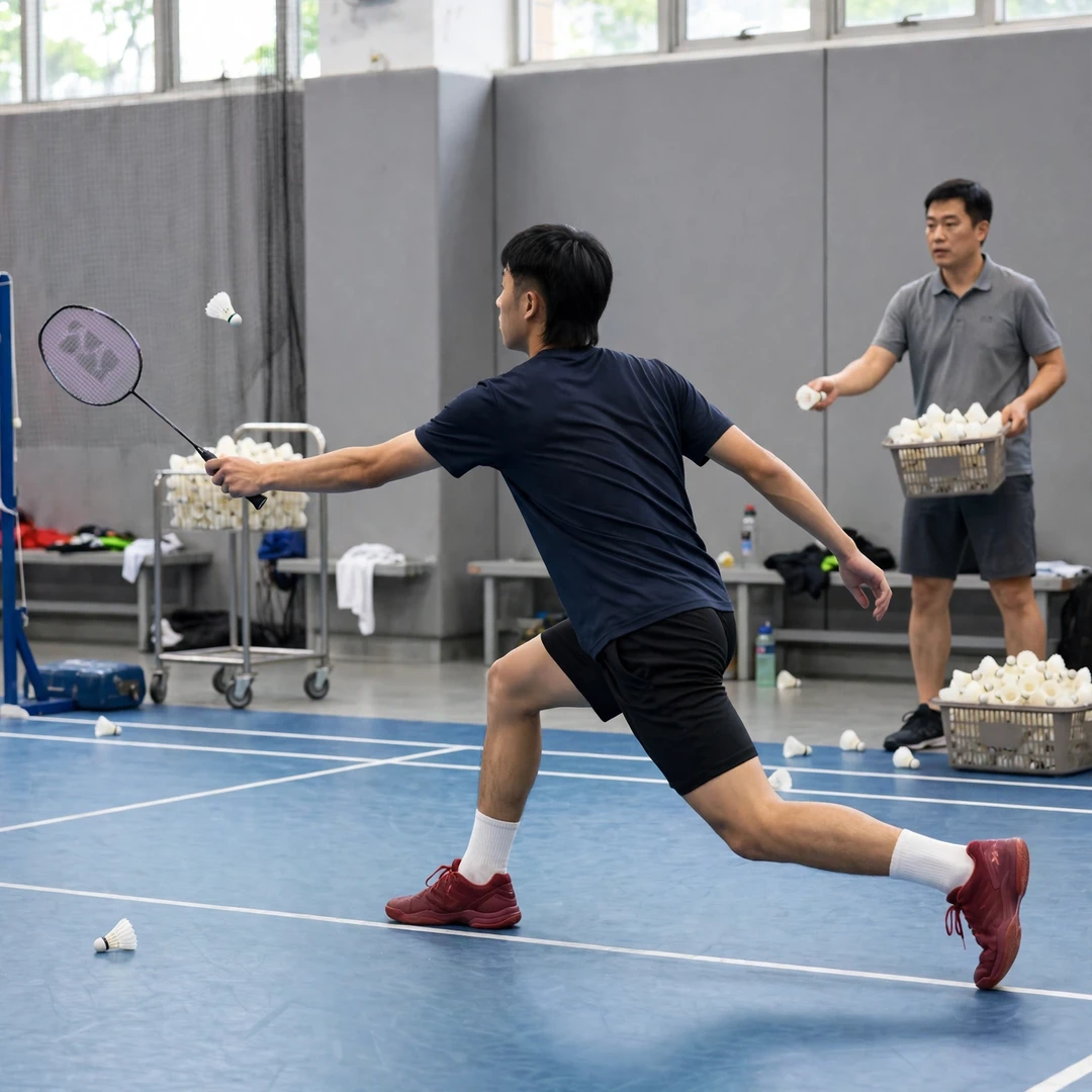 Cheng Ju-Sheng in a multi-shuttle training drill (AI-generated) Cheng Ju-Sheng in a multi-shuttle training drill (AI-generated)