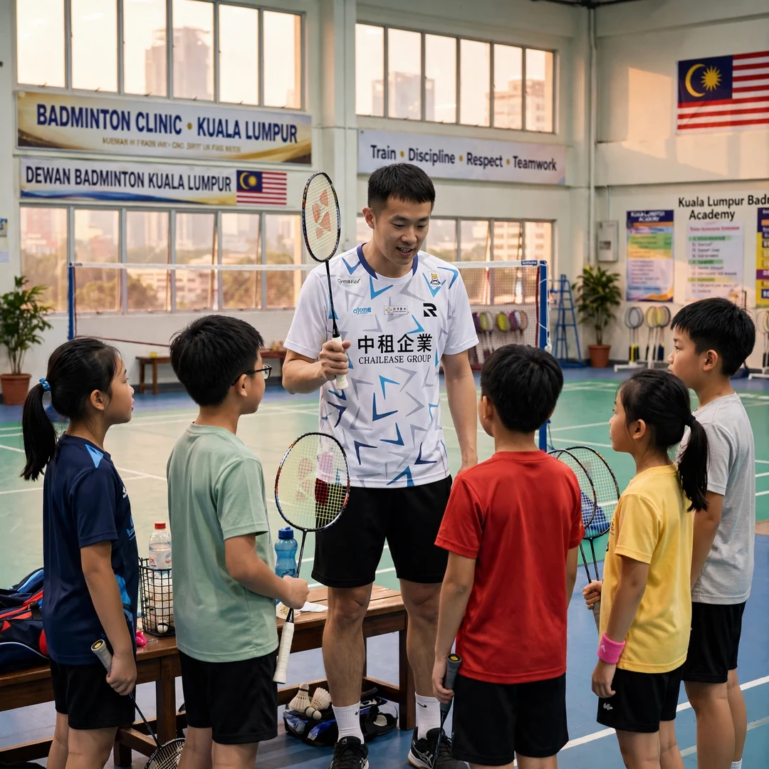 Chi Yu Jen coaching junior badminton players Chi Yu Jen with junior players at a badminton clinic in Kuala Lumpur (AI-generated)