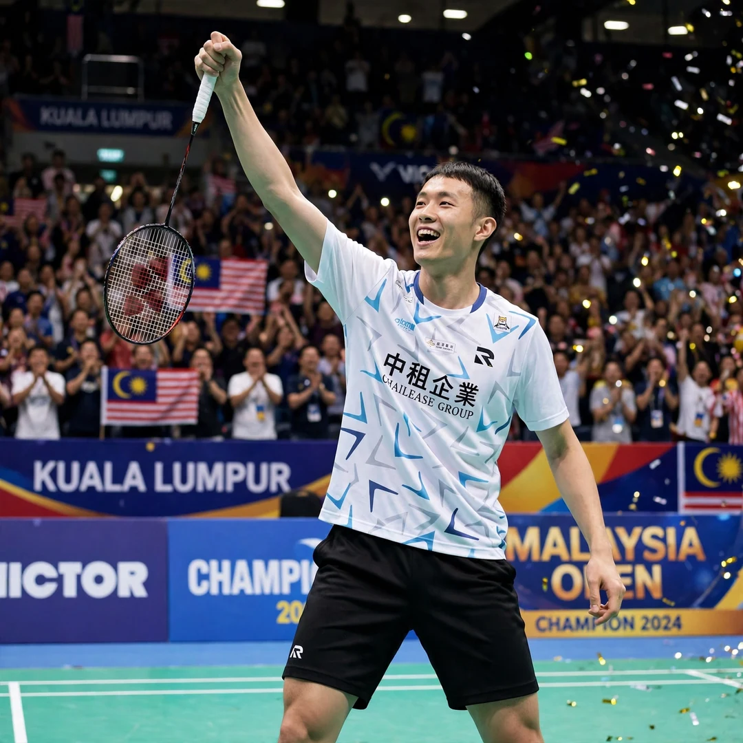 Chi Yu Jen Malaysia Super 100 2024 champion celebration Chi Yu Jen celebrating his Malaysia Super 100 2024 title in Kuala Lumpur (AI-generated)