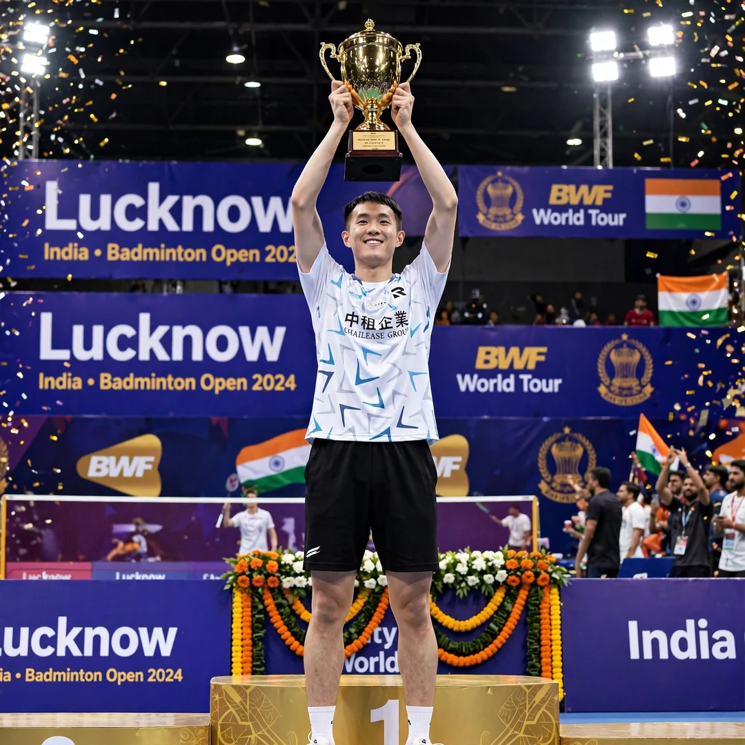 Chi Yu Jen first BWF World Tour title Syed Modi International 2023 Chi Yu Jen lifting the Syed Modi International 2023 trophy in Lucknow (AI-generated)
