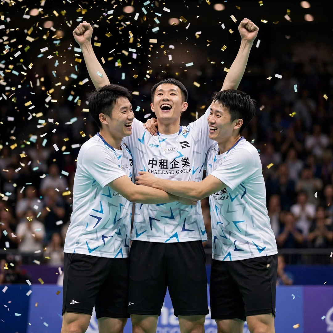 Chi Yu Jen Thomas Cup 2026 team celebration Chi Yu Jen celebrating with Chinese Taipei teammates at the Thomas Cup 2026 (AI-generated)
