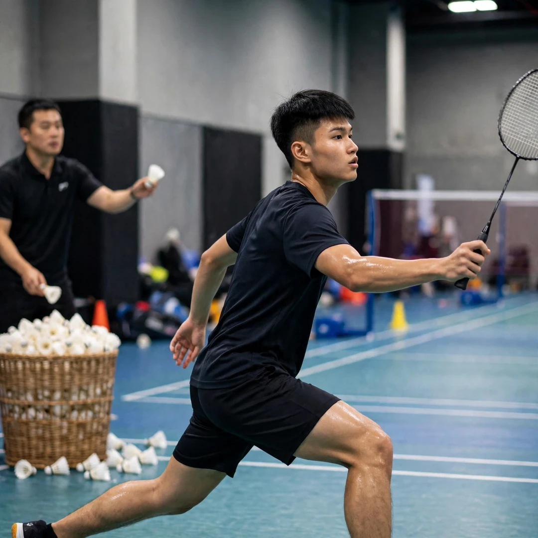 Chiang Tzu Chieh in a multi-shuttle training drill (AI-generated) Chiang Tzu Chieh in a multi-shuttle training drill (AI-generated)
