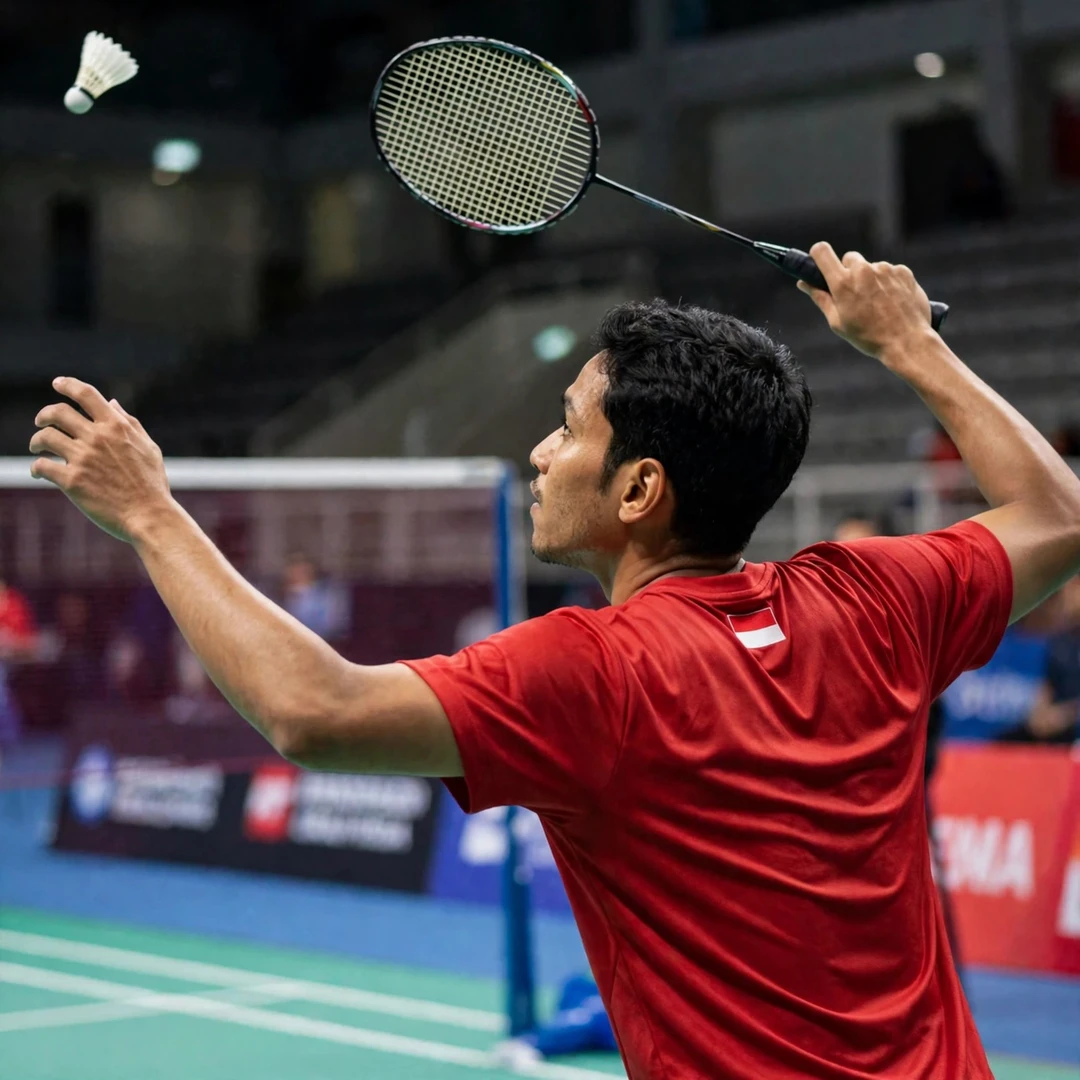 Chico Aura Dwi Wardoyo playing a backhand shot (AI-generated) Chico Aura Dwi Wardoyo playing a backhand shot (AI-generated)