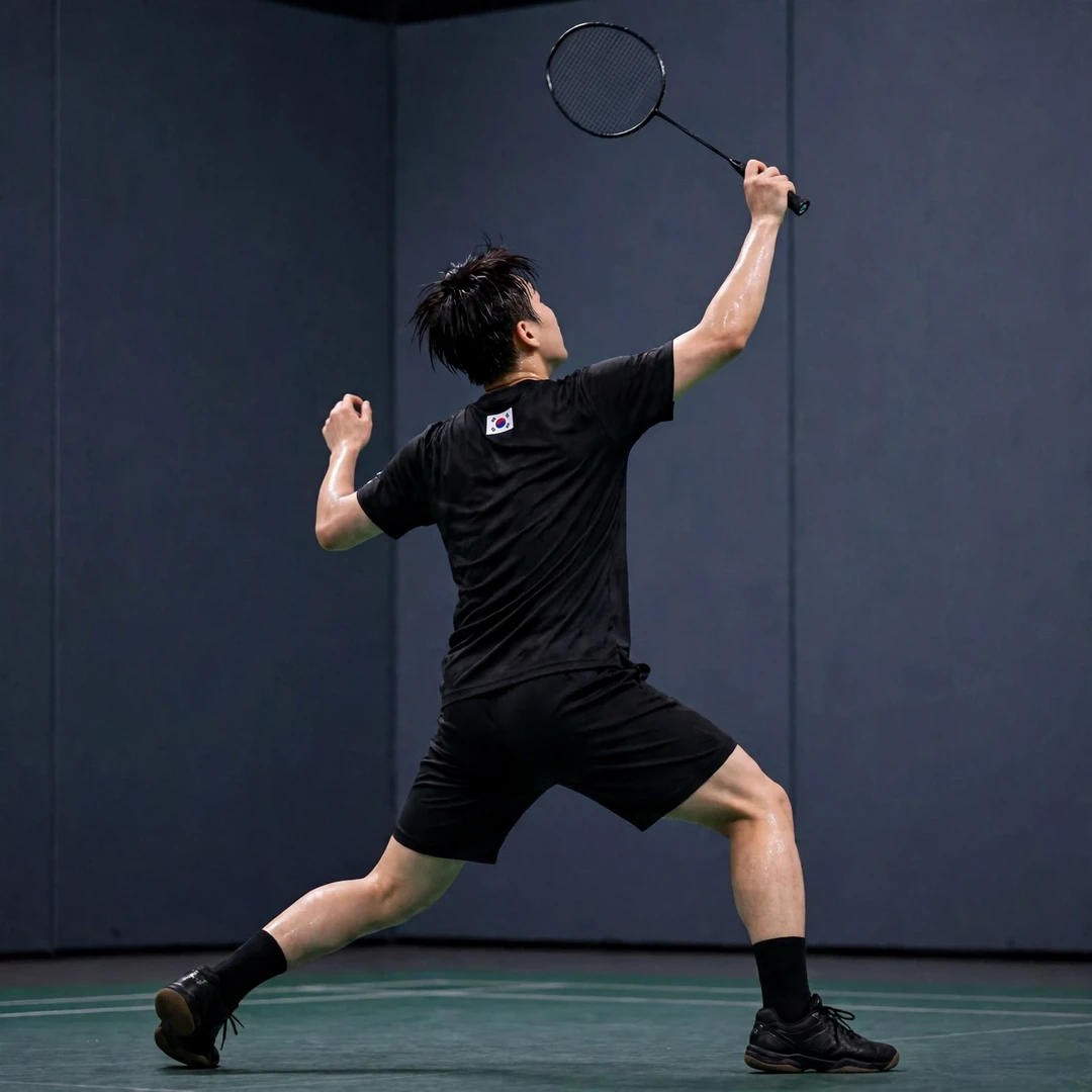 Cho Hyeon Woo playing a backhand clear (AI-generated) Cho Hyeon Woo playing a backhand clear (AI-generated)
