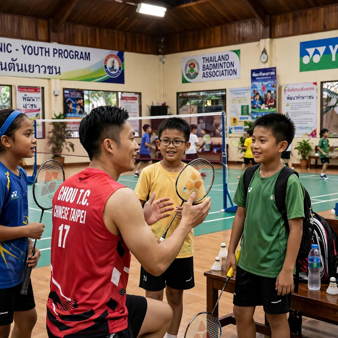 Chinese Taipei badminton star serving as role model for developing players across Southeast Asia Chou Tien Chen with junior players at clinic (AI-generated)