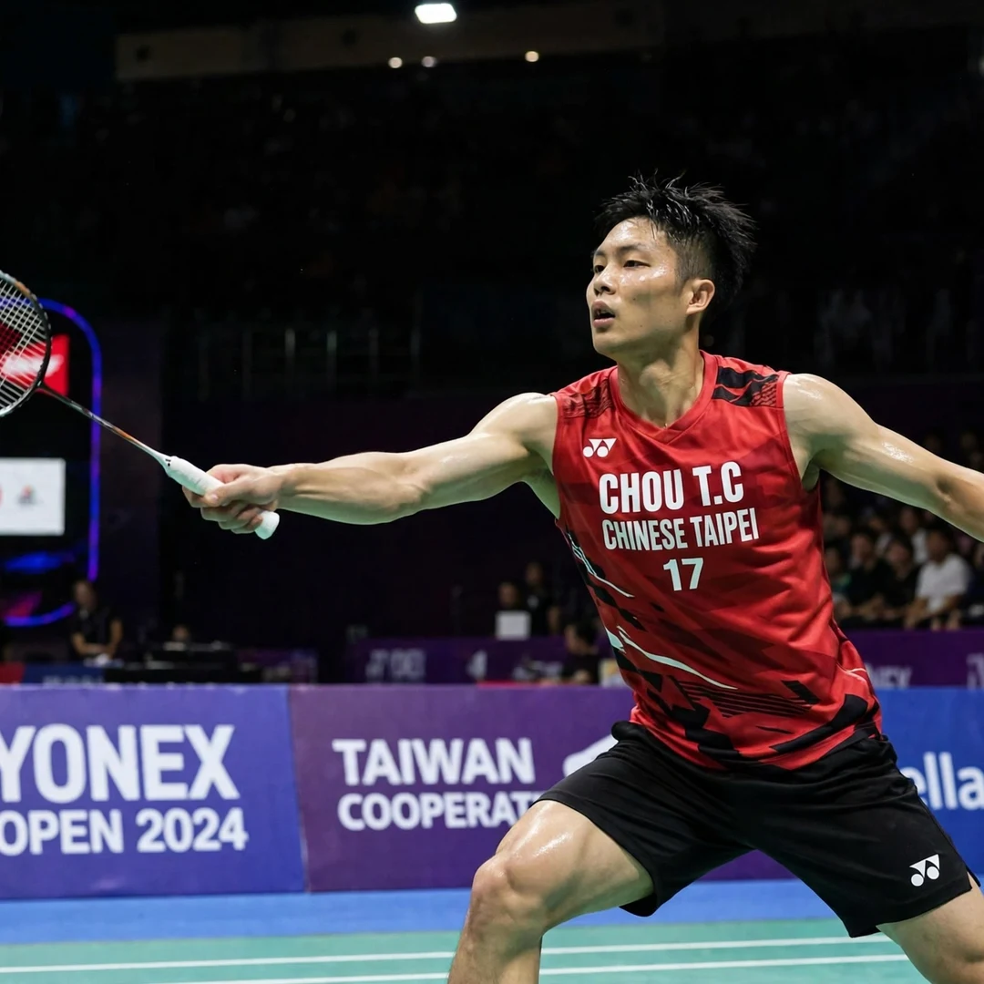 Chou Tien Chen displaying defensive retrieval during international men's singles match Chou Tien Chen backhand technique (AI-generated)