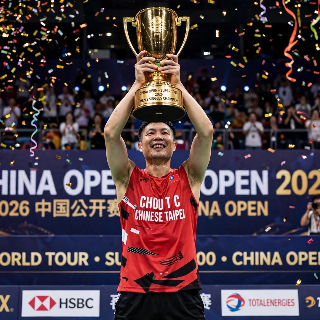 Chou Tien Chen training philosophy emphasizing strong defence and patient development Chou Tien Chen lifting China Open trophy (AI-generated)