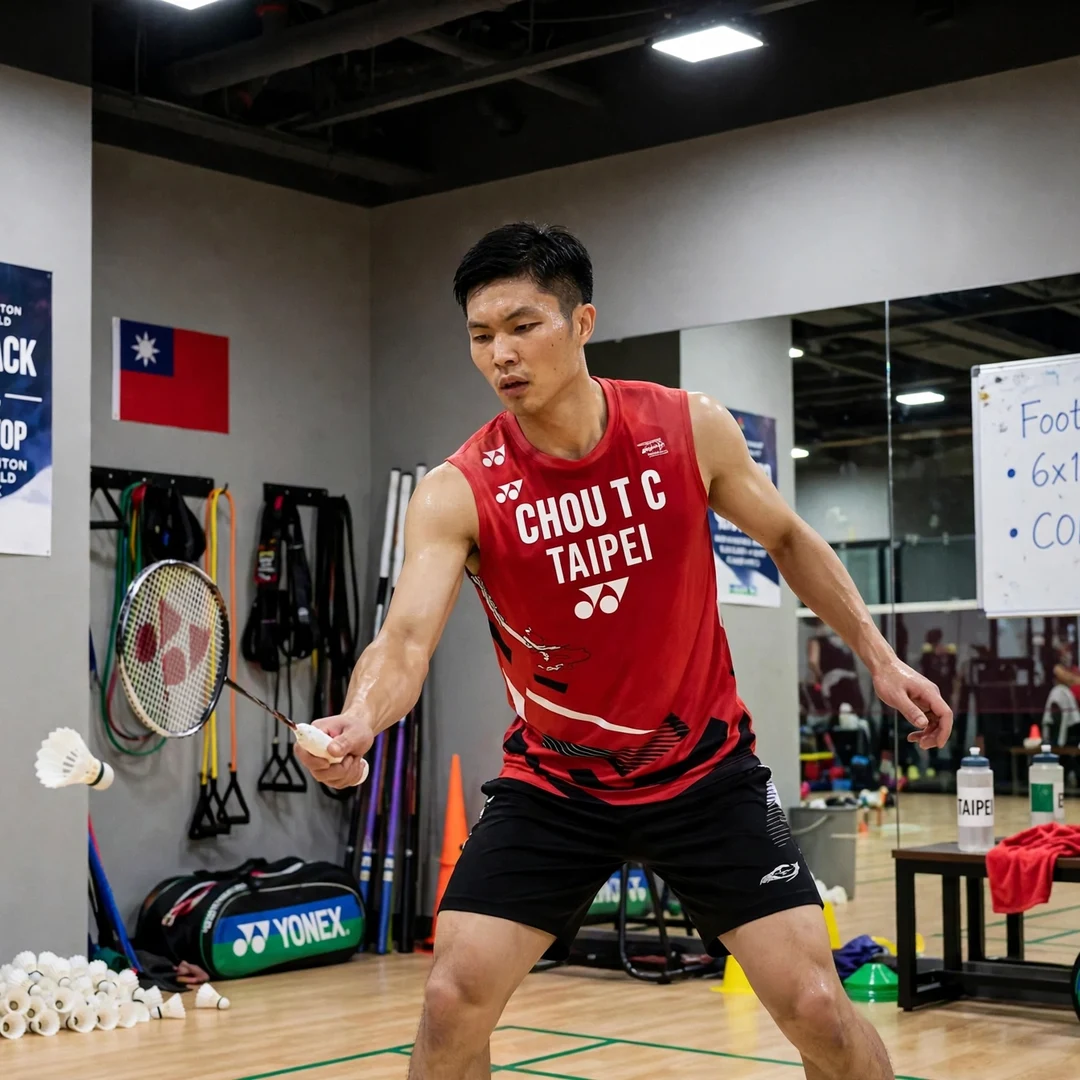 Chinese Taipei badminton player Chou Tien Chen achieving historic top world ranking Chou Tien Chen intense comeback training (AI-generated)
