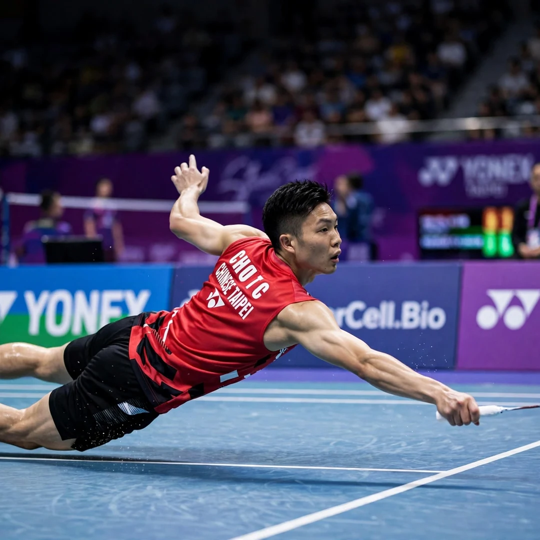 Chou Tien Chen training with Chinese Taipei national badminton team during preparation Chou Tien Chen diving defensive return (AI-generated)