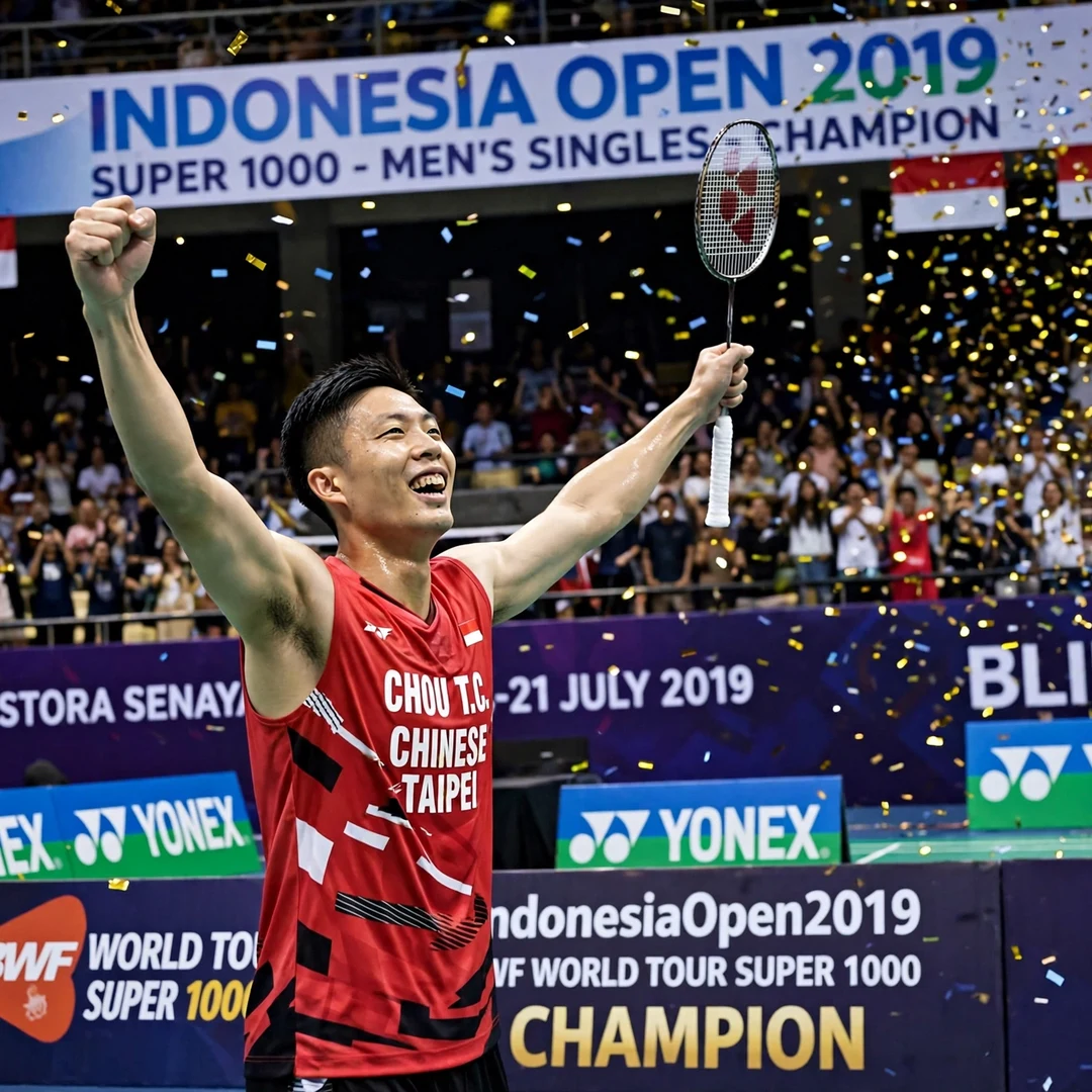 Chinese Taipei men's singles star earning historic Olympic silver medal for Chinese Taipei Chou Tien Chen celebrating Indonesia Open 2019 (AI-generated)
