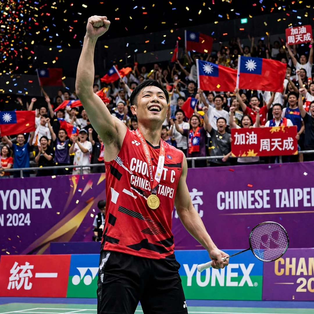 Chinese Taipei badminton champion displaying patient mindset and training dedication Chou Tien Chen winning Chinese Taipei Open (AI-generated)