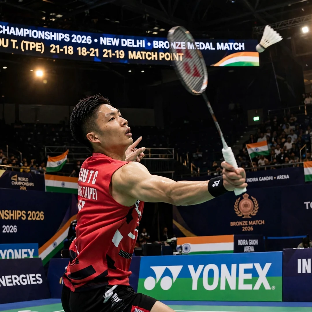 Chinese Taipei badminton star winning men's singles world title in historic moment for Chinese Taipei Chou Tien Chen at World Championships 2026 (AI-generated)