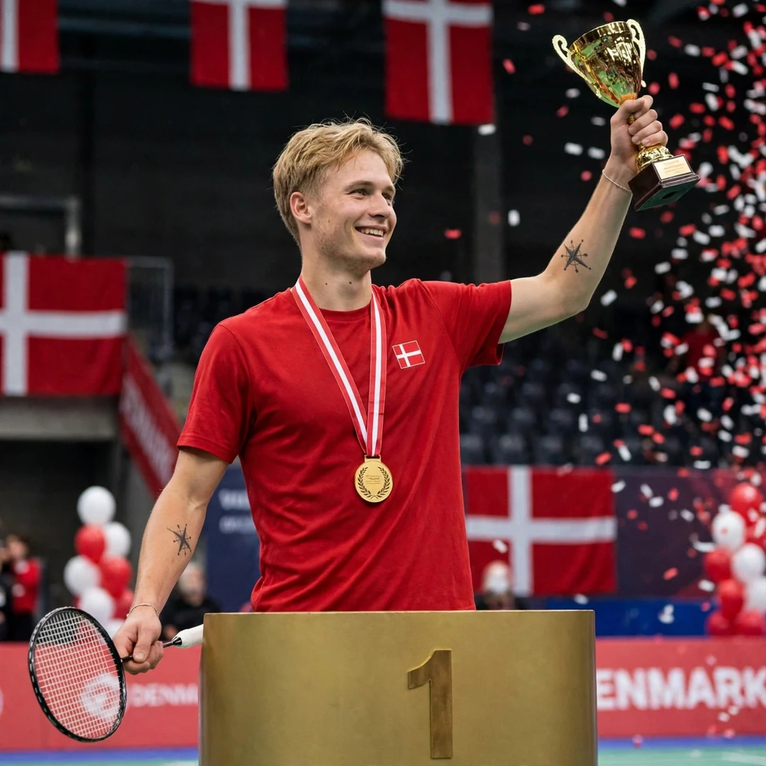 Christopher Vittoriani on the podium with a gold medal, racket in his right hand and trophy raised in his left (AI-generated) Christopher Vittoriani on the podium with a gold medal, racket in his right hand and trophy raised in his left (AI-generated)