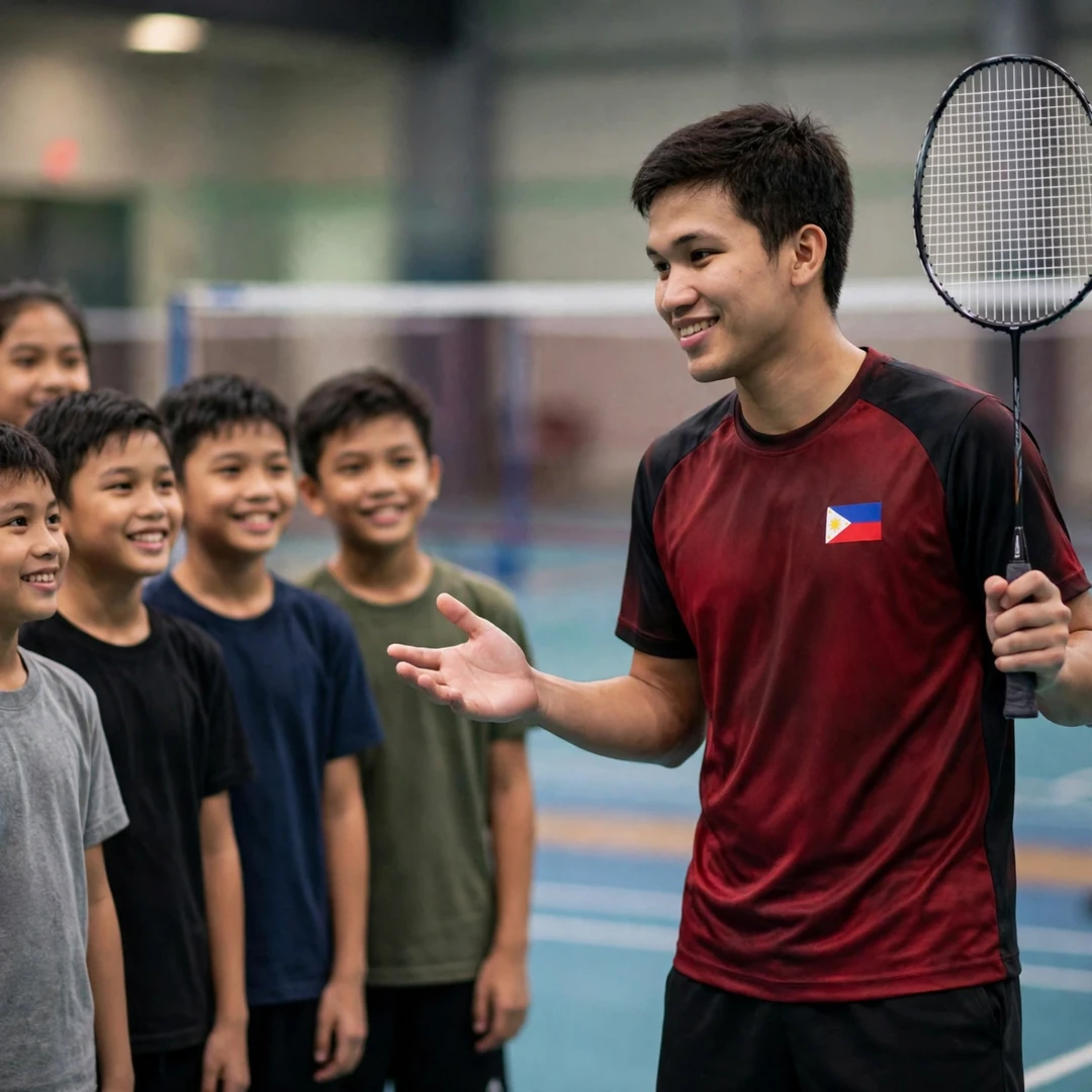 Clarence Villaflor demonstrating a net shot to young students at a badminton academy (AI-generated) Clarence Villaflor demonstrating a net shot to young students at a badminton academy (AI-generated)