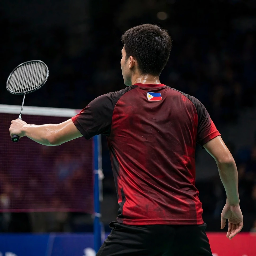 Clarence Villaflor playing a left-handed backhand clear from the rear corner (AI-generated) Clarence Villaflor playing a left-handed backhand clear from the rear corner (AI-generated)