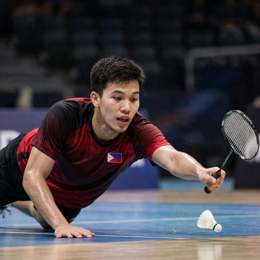 Clarence Villaflor stretching into a low defensive return (AI-generated) Clarence Villaflor stretching into a low defensive return (AI-generated)
