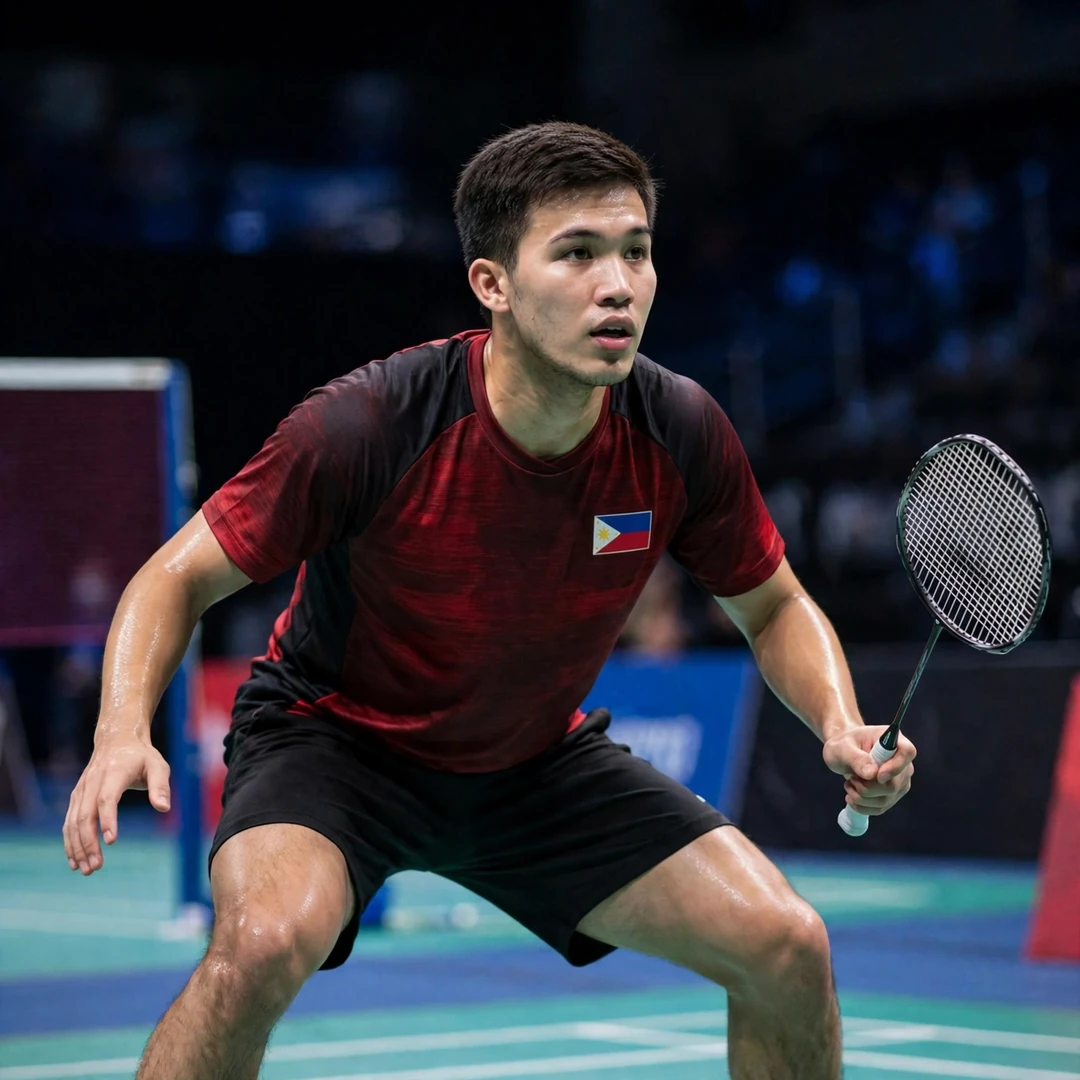 Clarence Villaflor in a low ready stance with the racket in his left hand (AI-generated) Clarence Villaflor in a low ready stance with the racket in his left hand (AI-generated)