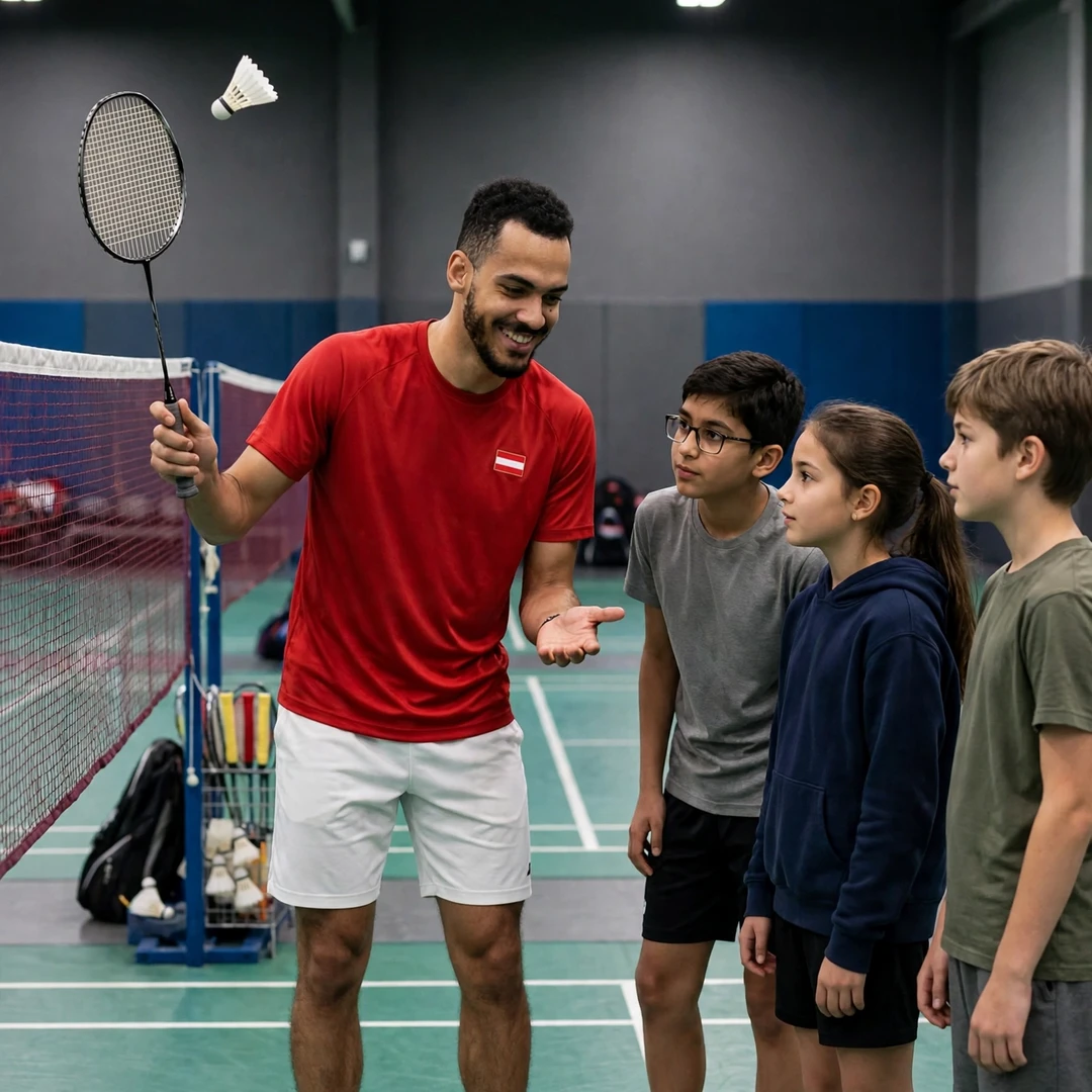 Collins Valentine Filimon demonstrating a net shot to young students at a badminton academy (AI-generated) Collins Valentine Filimon demonstrating a net shot to young students at a badminton academy (AI-generated)