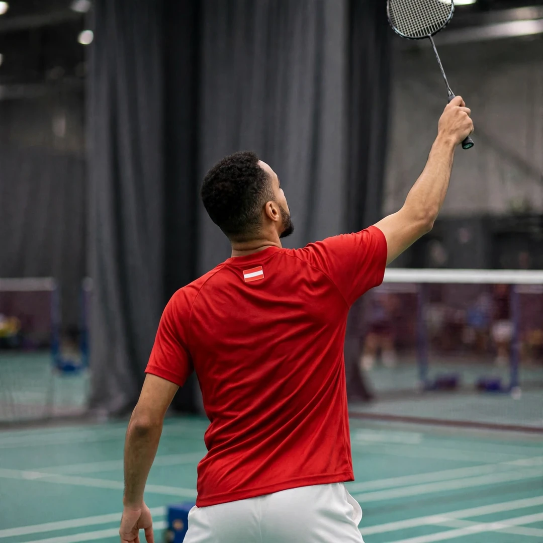 Collins Valentine Filimon playing a backhand clear from the rear corner (AI-generated) Collins Valentine Filimon playing a backhand clear from the rear corner (AI-generated)