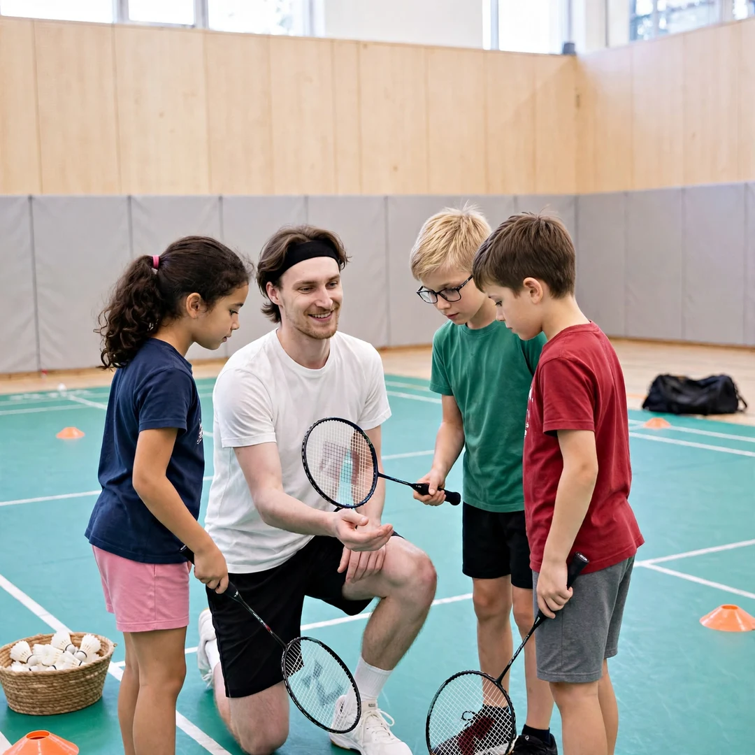 Daniil Dubovenko badminton clinic juniors Daniil Dubovenko talking with junior players at a badminton clinic (AI-generated)