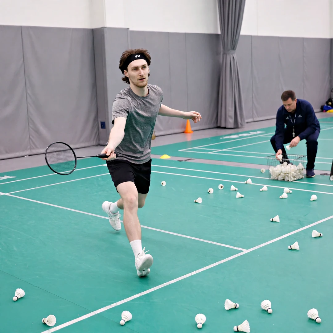 Daniil Dubovenko training session Daniil Dubovenko in a multi-shuttle training drill with his coach (AI-generated)