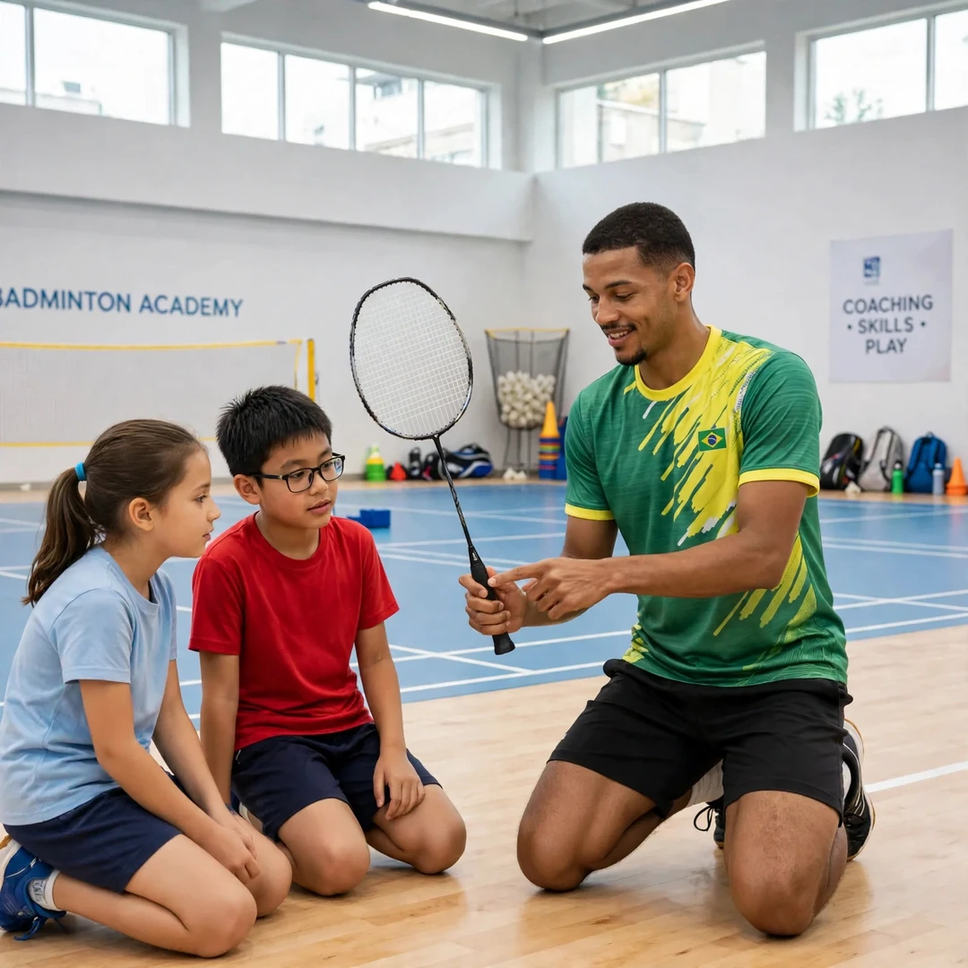 Deivid Silva demonstrating the forehand grip to two junior players in a badminton academy hall (AI-generated) Deivid Silva demonstrating the forehand grip to two junior players in a badminton academy hall (AI-generated)
