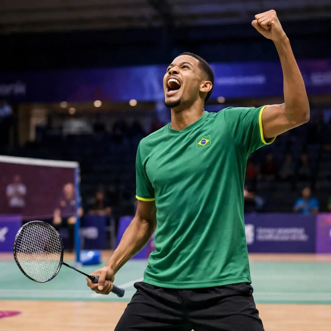 Deivid Silva celebrating match point with a fist pump, racket low in his right hand (AI-generated) Deivid Silva celebrating match point with a fist pump, racket low in his right hand (AI-generated)