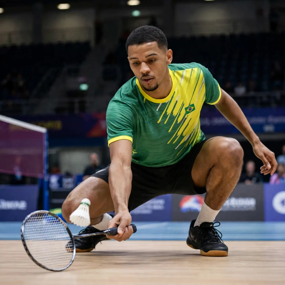 Deivid Silva in a deep low defensive crouch retrieving a smash, racket in his right hand (AI-generated) Deivid Silva in a deep low defensive crouch retrieving a smash, racket in his right hand (AI-generated)