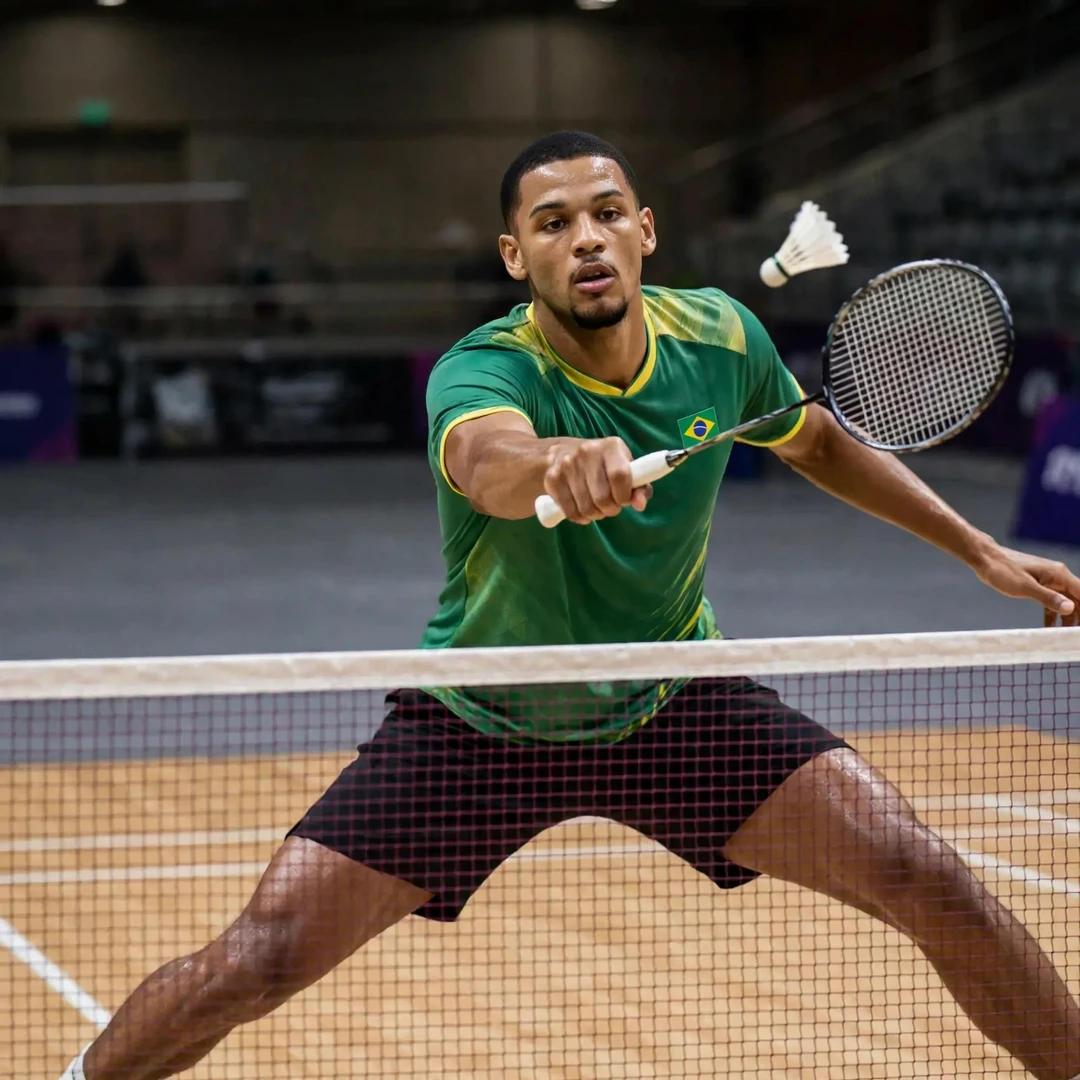 Deivid Silva lunging at the net for a spinning net shot, racket in his right hand (AI-generated) Deivid Silva lunging at the net for a spinning net shot, racket in his right hand (AI-generated)