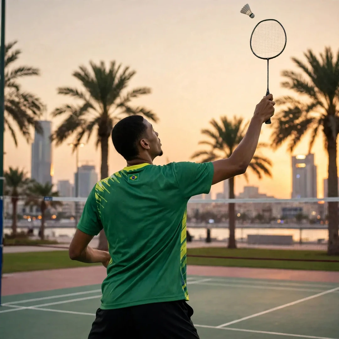 Deivid Silva playing an overhead clear outdoors at the AirBadminton World Cup in Sharjah, seen from behind (AI-generated) Deivid Silva playing an overhead clear outdoors at the AirBadminton World Cup in Sharjah, seen from behind (AI-generated)