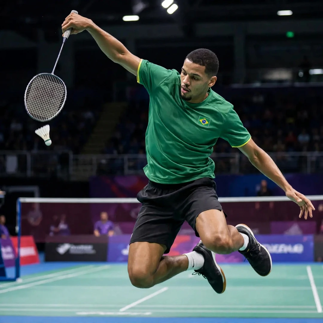 Deivid Silva at the peak of a jump smash, racket high in his right hand (AI-generated) Deivid Silva at the peak of a jump smash, racket high in his right hand (AI-generated)