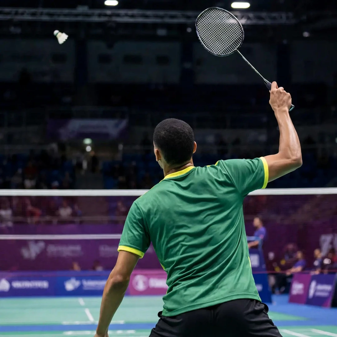 Deivid Silva playing a high backhand clear from the rear court, seen from behind (AI-generated) Deivid Silva playing a high backhand clear from the rear court, seen from behind (AI-generated)