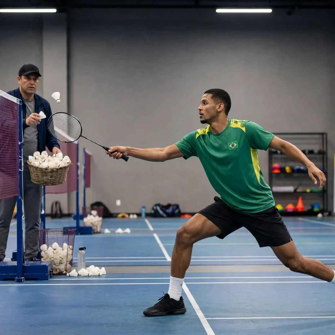 Deivid Silva doing multi-shuttle footwork training while his coach feeds shuttles (AI-generated) Deivid Silva doing multi-shuttle footwork training while his coach feeds shuttles (AI-generated)