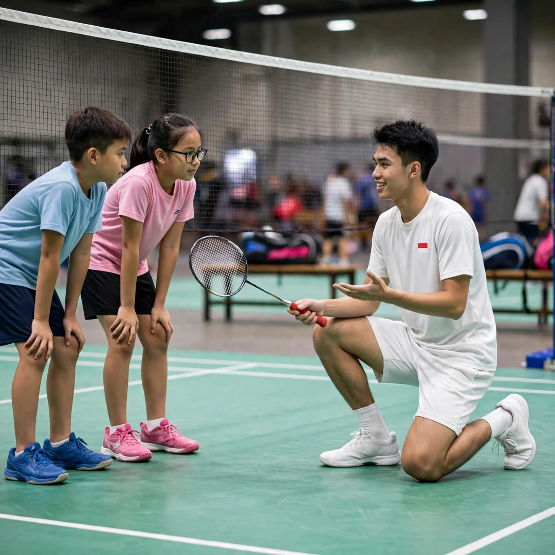 Dendi Triansyah demonstrating a net shot to junior players at a badminton clinic (AI-generated) Dendi Triansyah demonstrating a net shot to junior players at a badminton clinic (AI-generated)