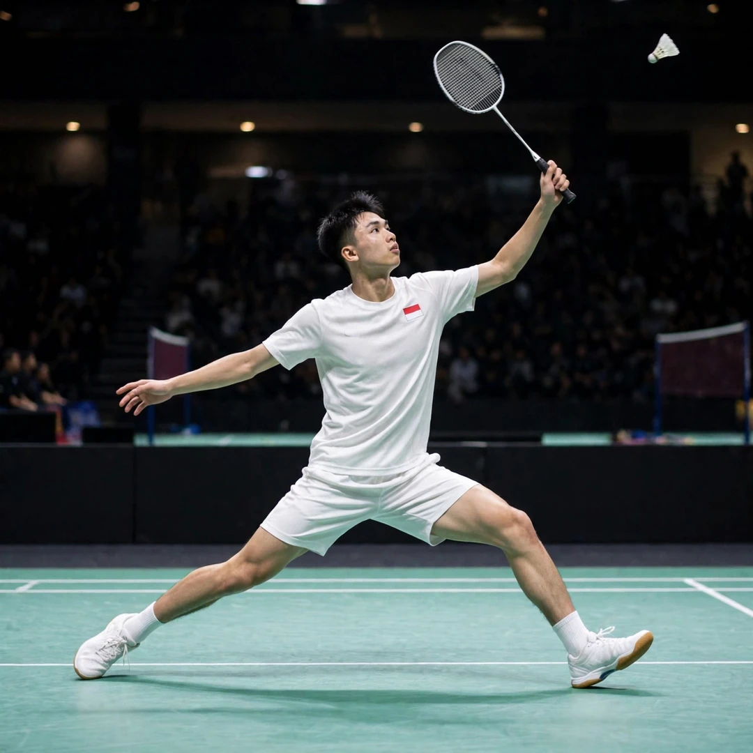 Dendi Triansyah playing a backhand clear (AI-generated) Dendi Triansyah playing a backhand clear (AI-generated)